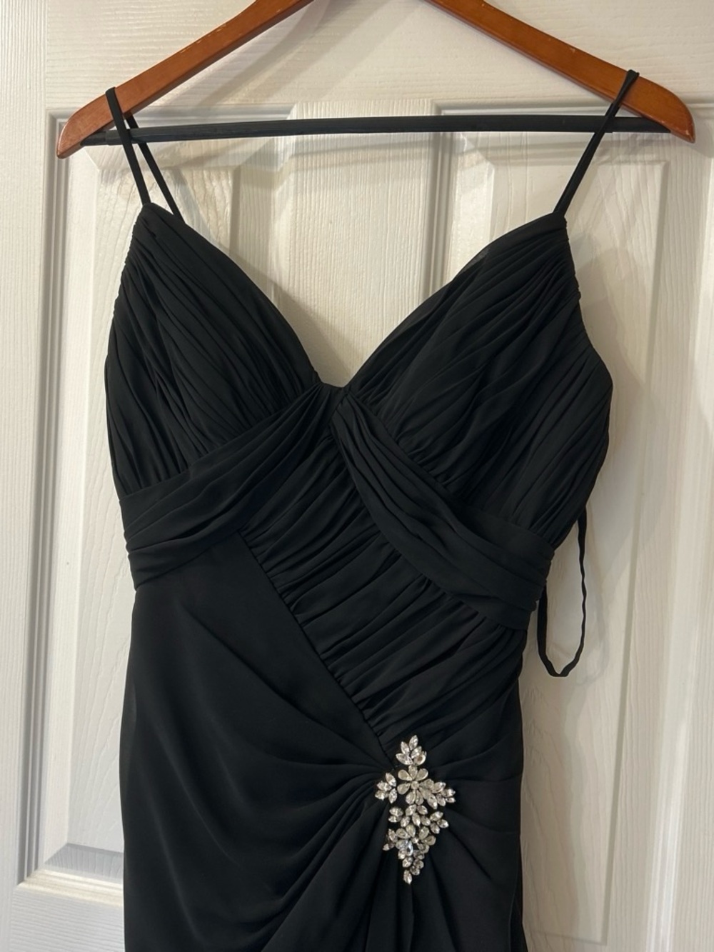 Val Stefani Black Ruched Spaghetti Strap Evening Gown with Crystal Brooch